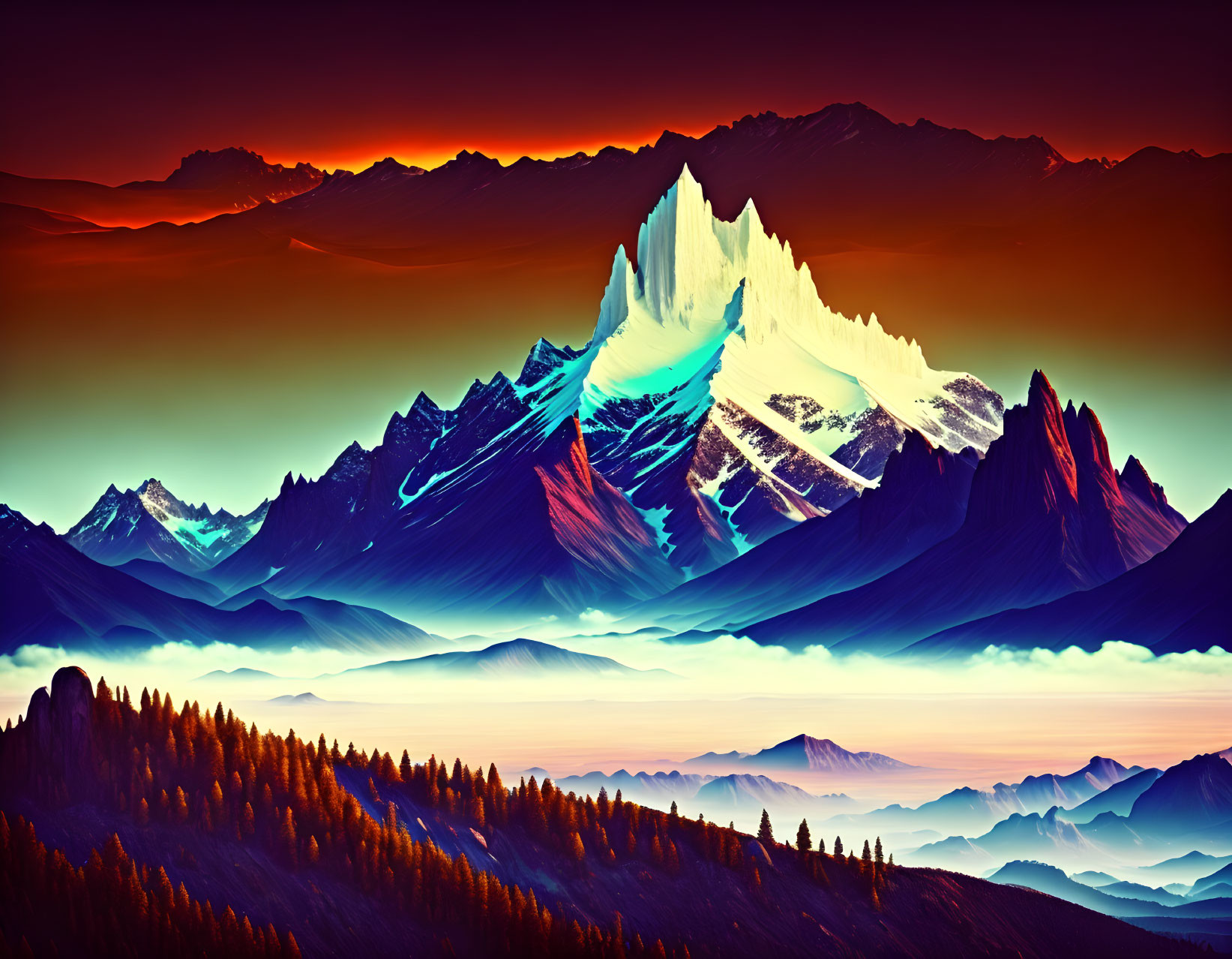 Colorful digital landscape: layered mountains in orange, blue, and purple under a misty sunset sky