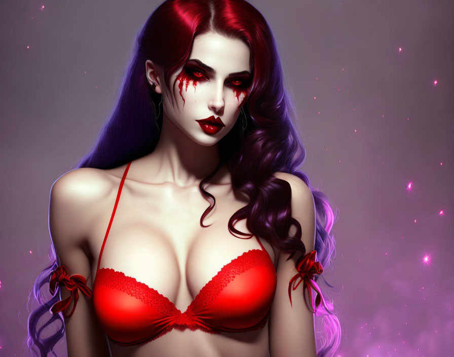 Digital artwork: Pale-skinned woman with red eyes and dark hair in red lingerie top, blood tears