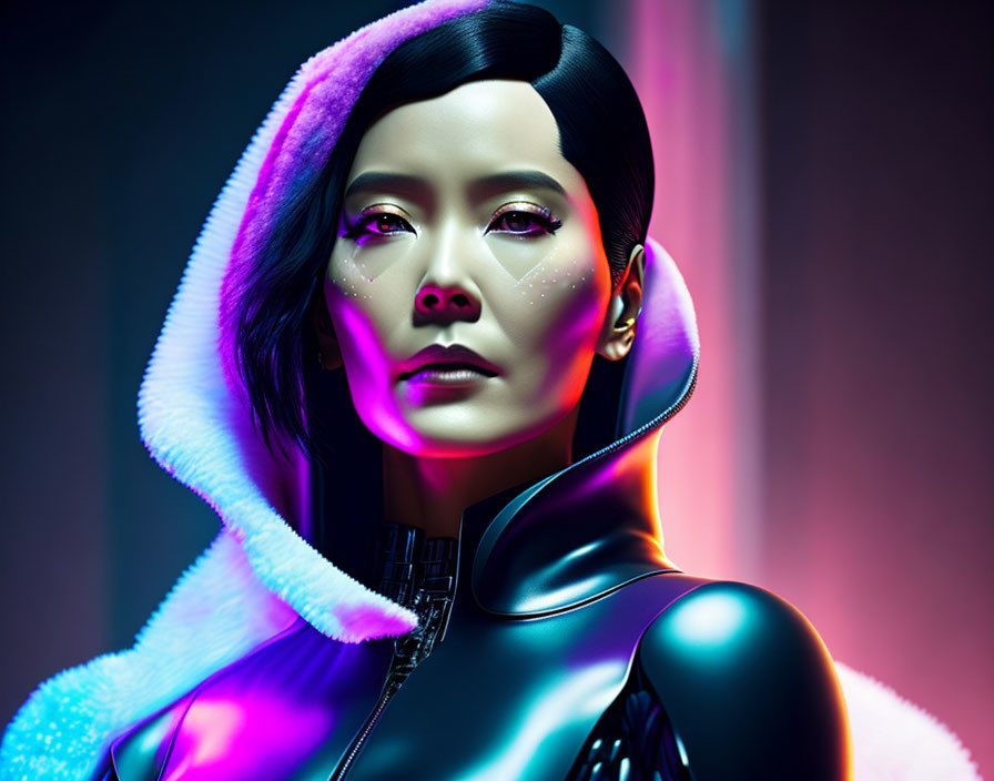 Futuristic digital artwork of woman in illuminated hoodie