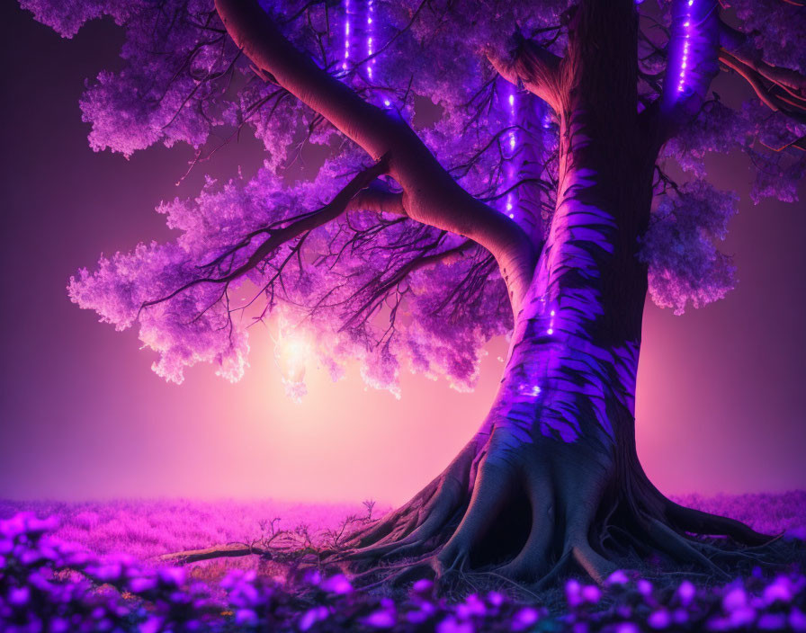 Ethereal purple landscape with glowing tree and dreamy sunset sky