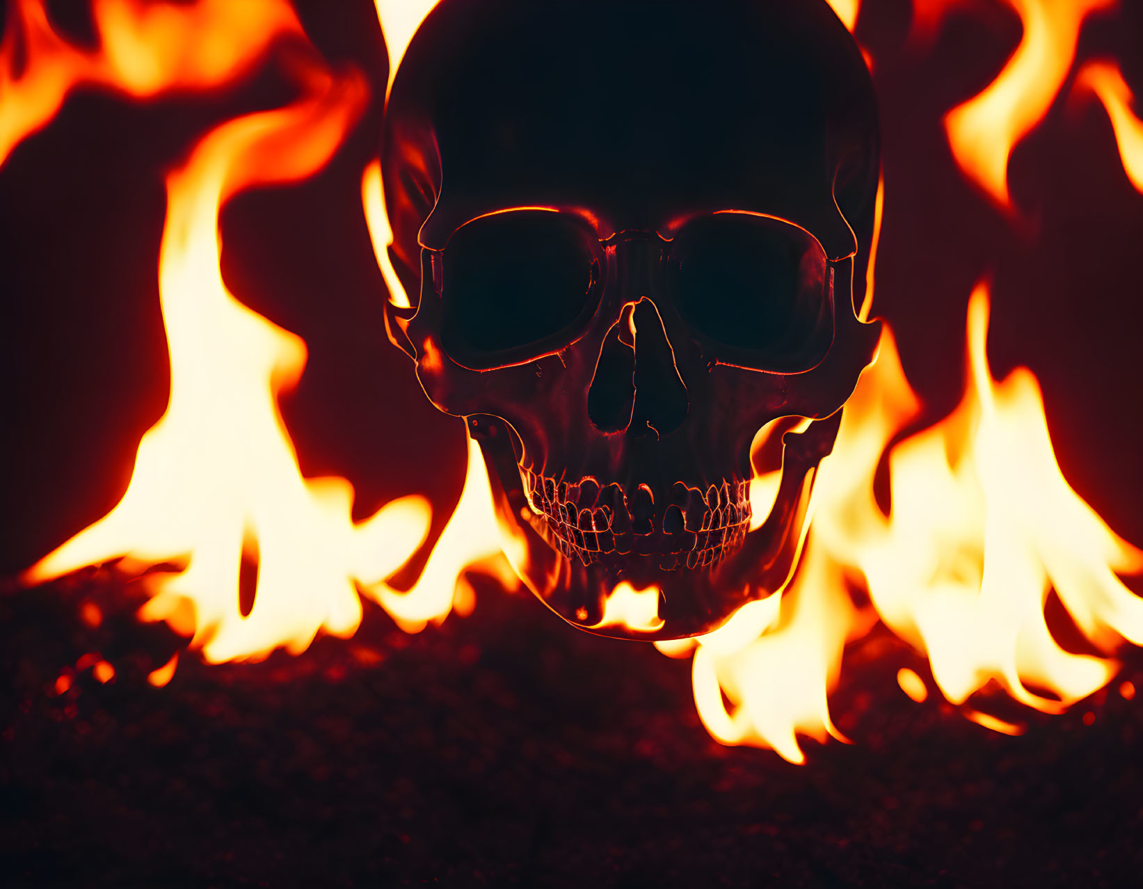 Human skull illuminated by bright orange flames on dark background