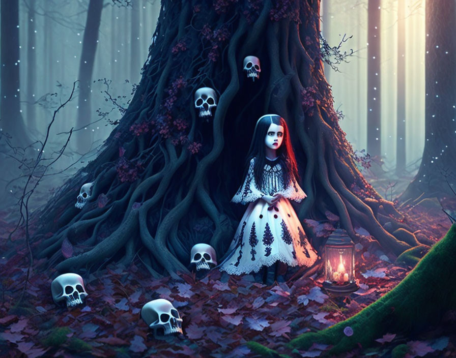 Gothic girl in white dress by tree with skulls in foggy forest.