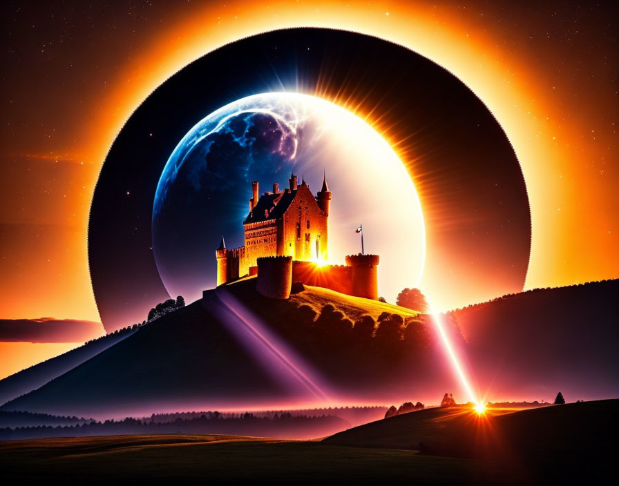 Fantasy castle on hill with cosmic backdrop: eclipsing planet and radiant sky