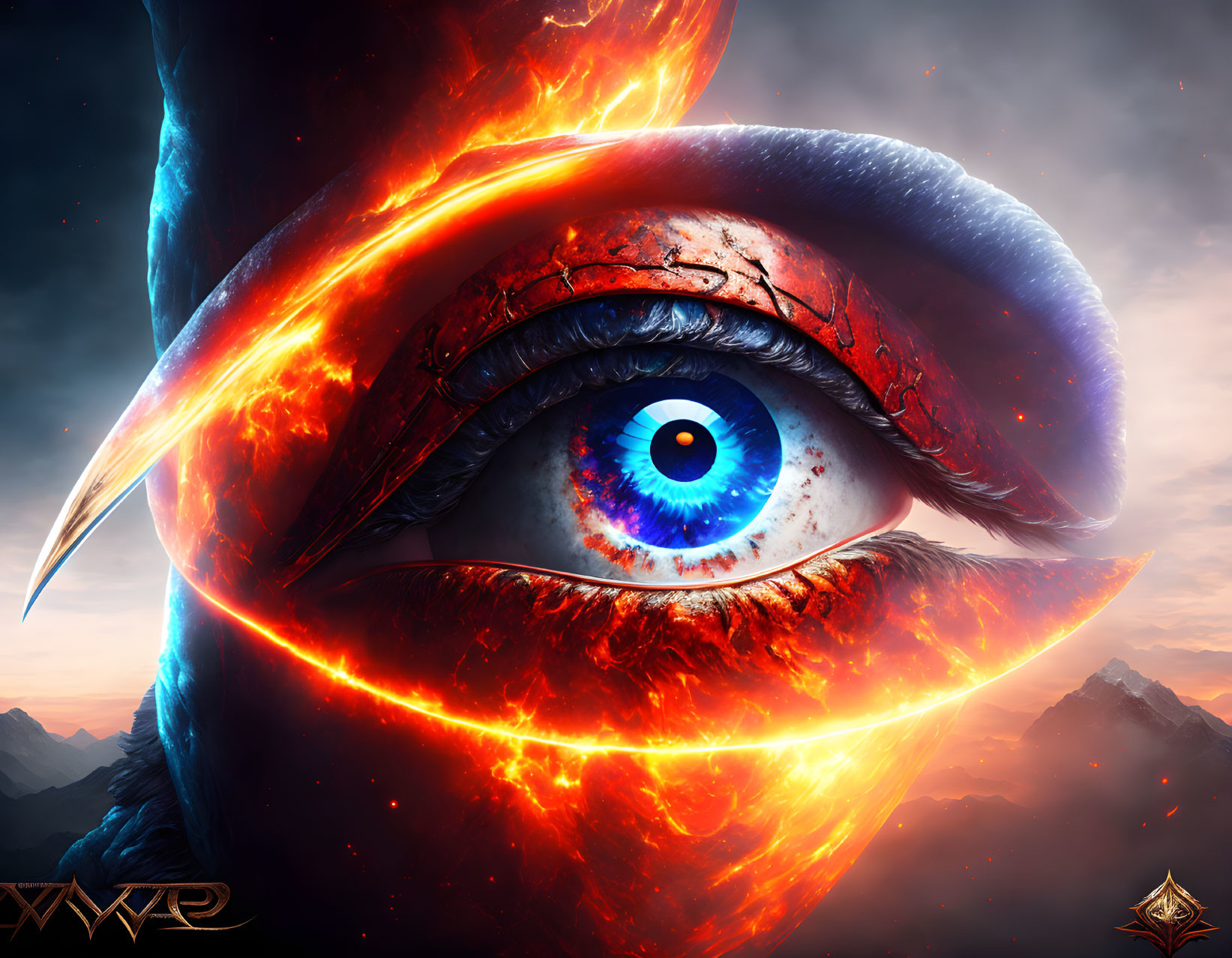 Detailed fiery eye with lava-like textures and blue iris against dramatic sky