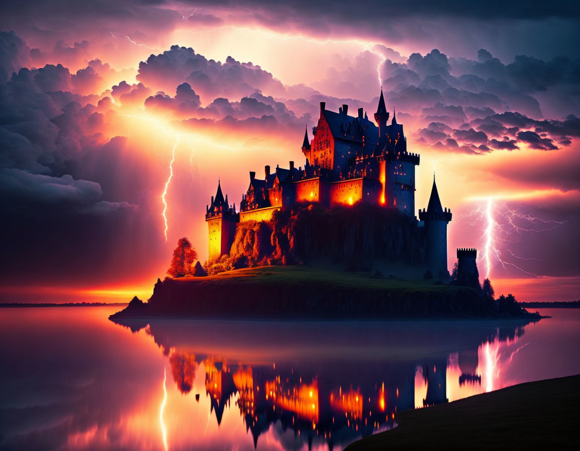 Gothic castle at twilight with lightning strikes and lake reflections