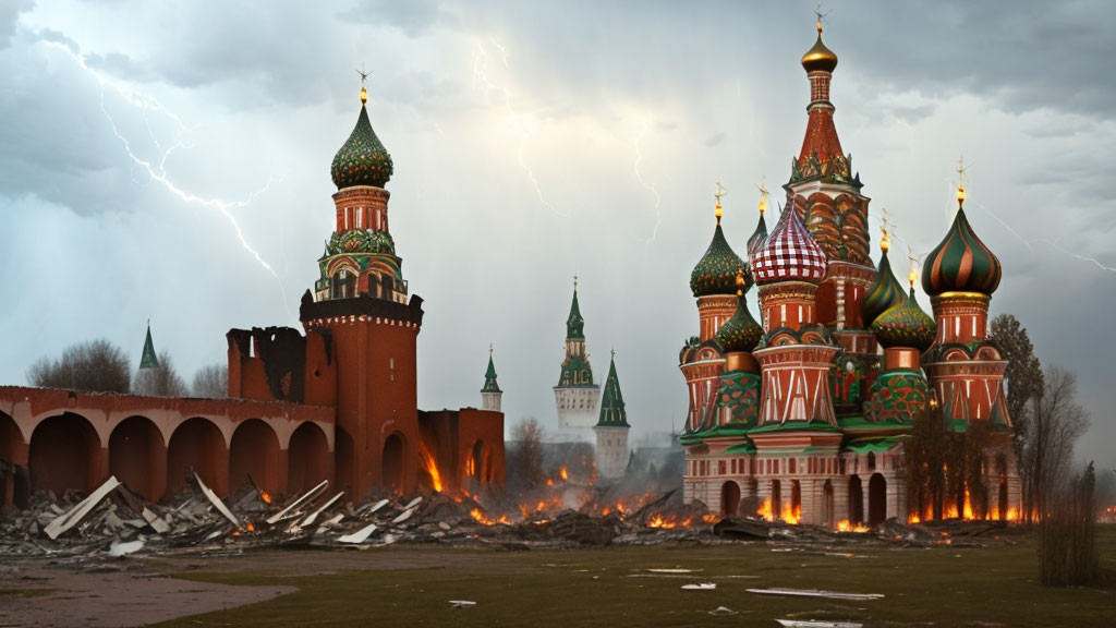 Famous Saint Basil's Cathedral in Moscow struck by lightning and debris scattered