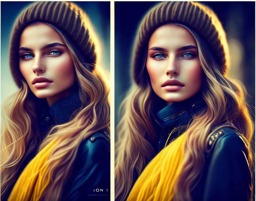 Portrait of woman with blue eyes in yellow beanie and black turtleneck