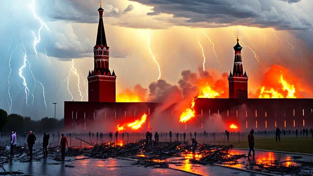 Dramatic image of fire, lightning near red towers, people amid chaos