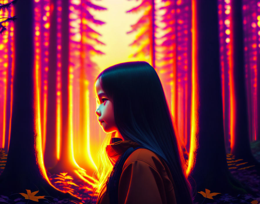 Silhouetted figure in yellow jacket against vibrant neon-lit forest