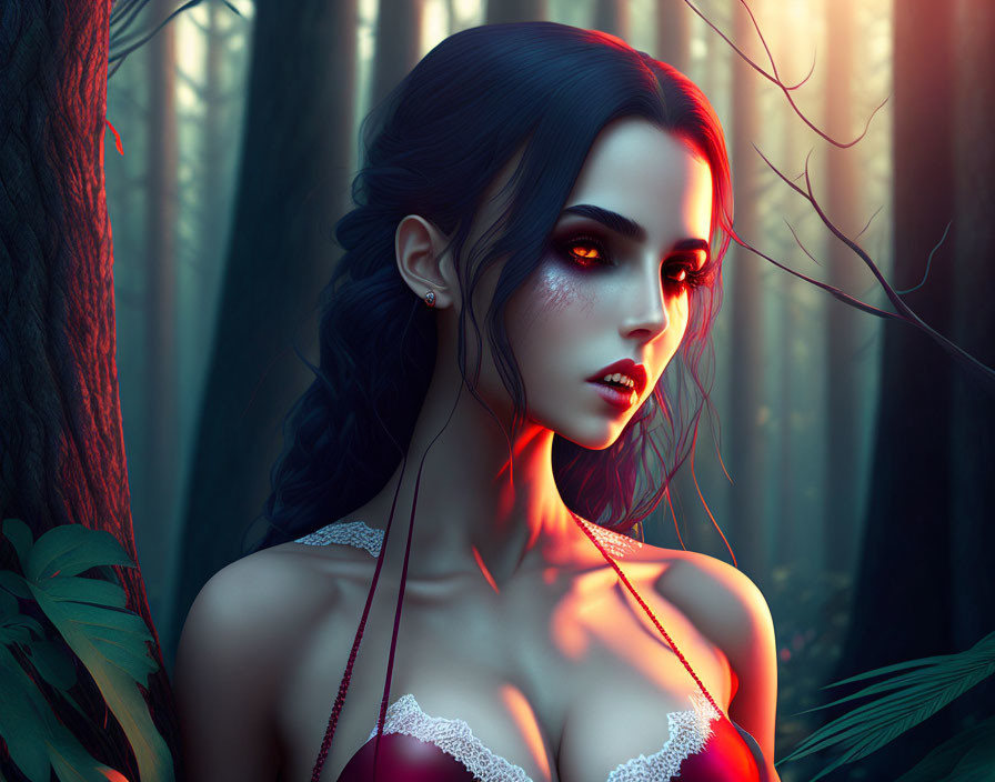 Mystical forest digital artwork: woman with red eyes.