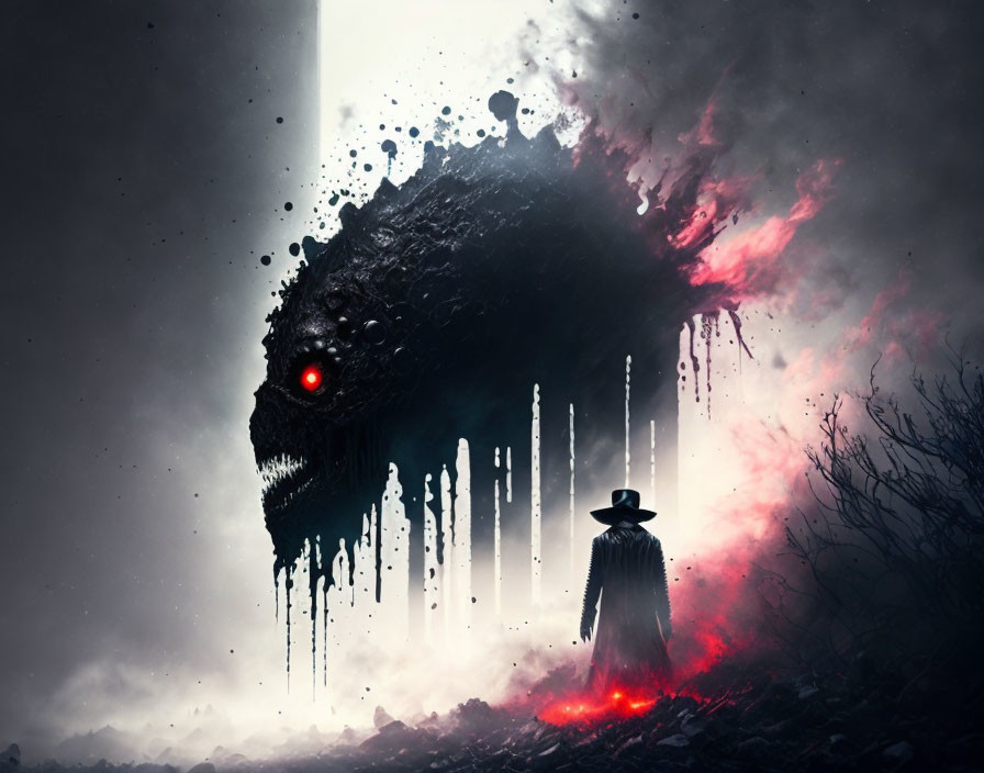 Person in hat faces monstrous creature with glowing red eye in apocalyptic landscape.