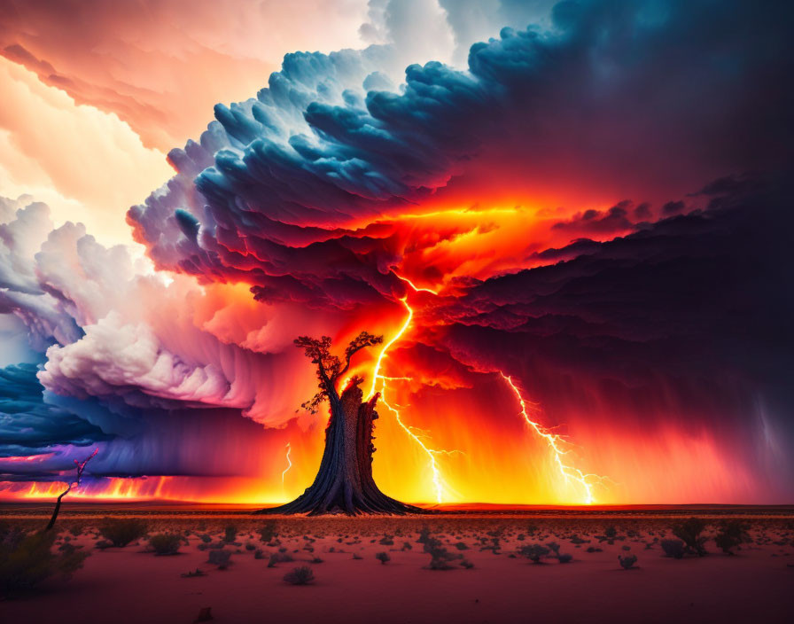 Colorful scene: solitary tree under stormy sky with lightning