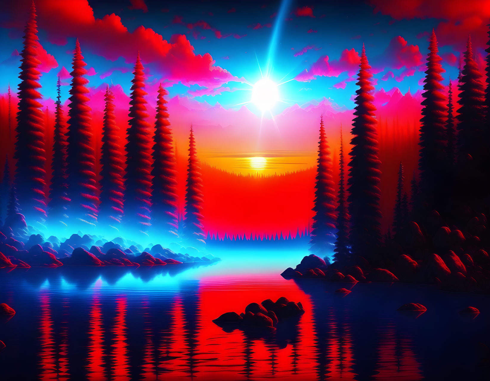 Vibrant digital artwork of sunset over calm lake