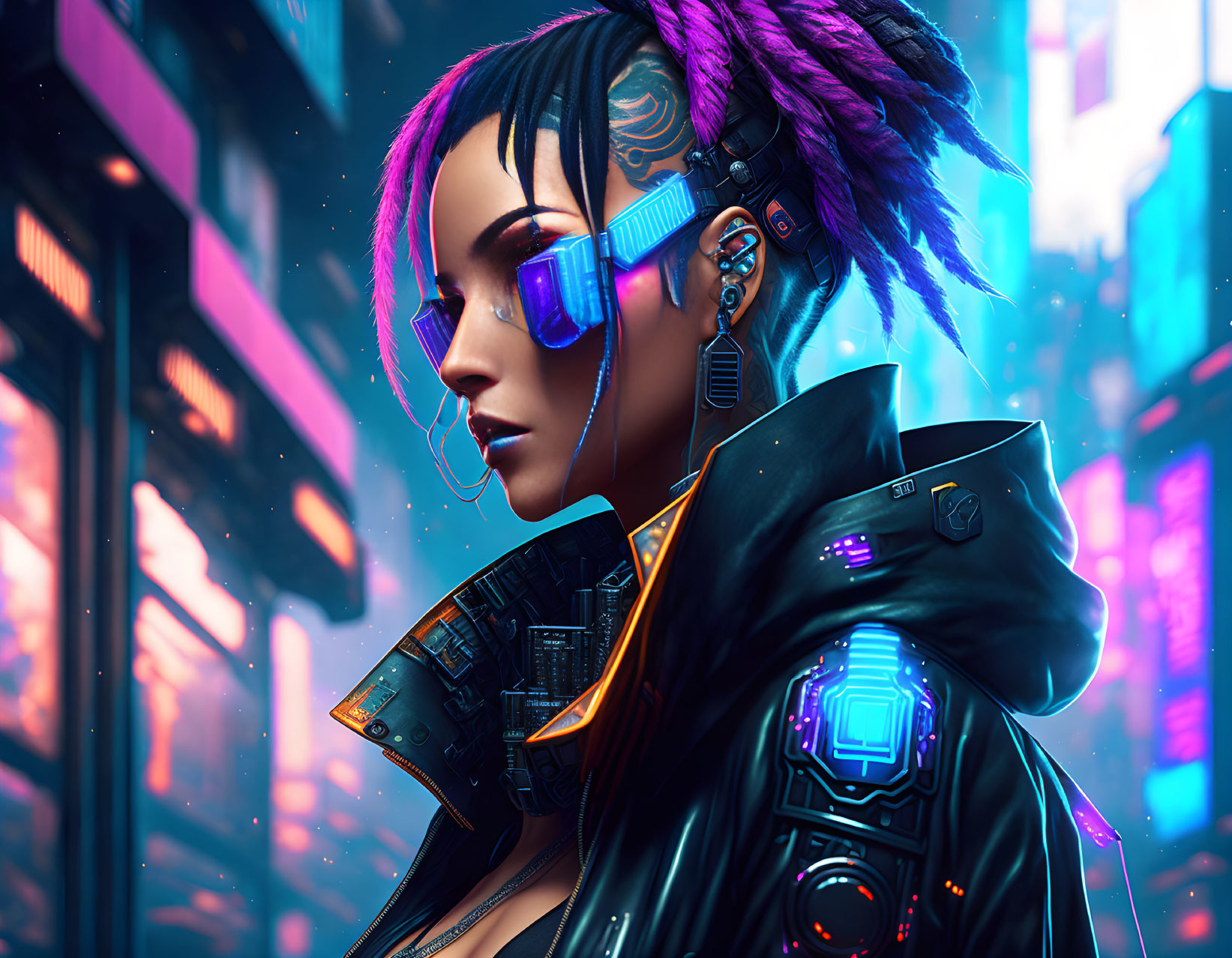 Futuristic woman with cybernetic enhancements and purple dreadlocks in neon-lit cityscape