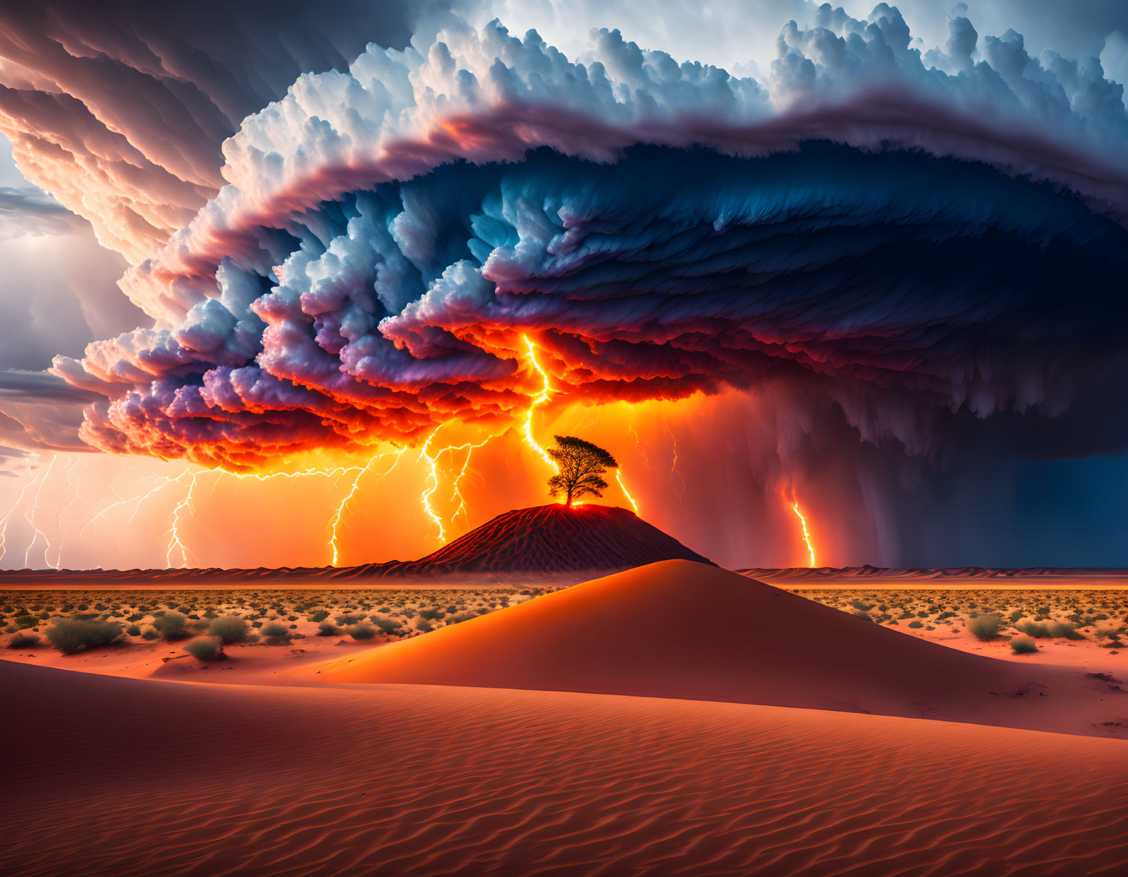 Supercell Thunderstorm with Lightning Strikes at Sunset