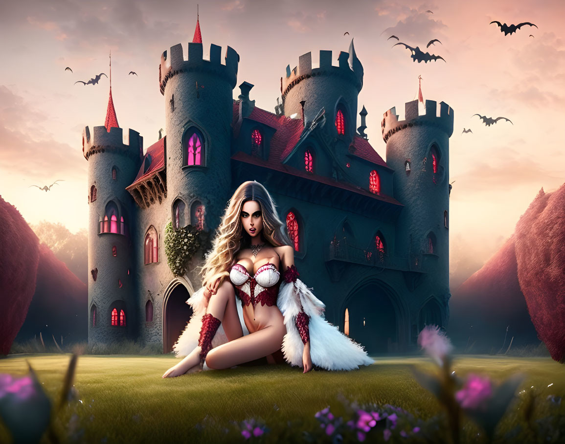 Fantasy-themed image of woman in elaborate attire at dusk with bats and castle