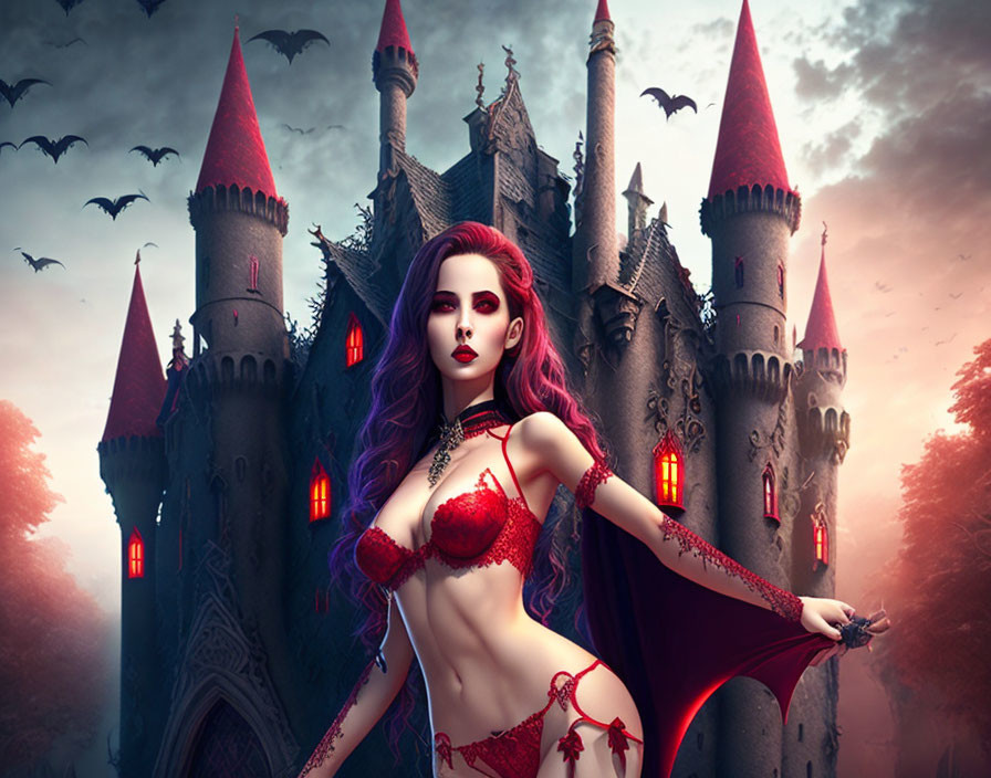 Gothic fantasy scene: woman in red attire, dark castle, spires, illuminated windows,