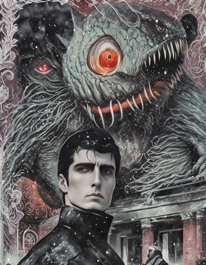 Stylized portrait featuring man with dark hair and intense gaze merged with a fantastical monstrous creature.