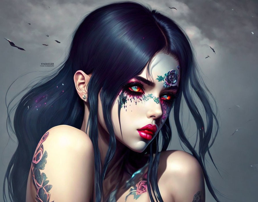 Dark-haired woman with floral face tattoos in mystical digital artwork