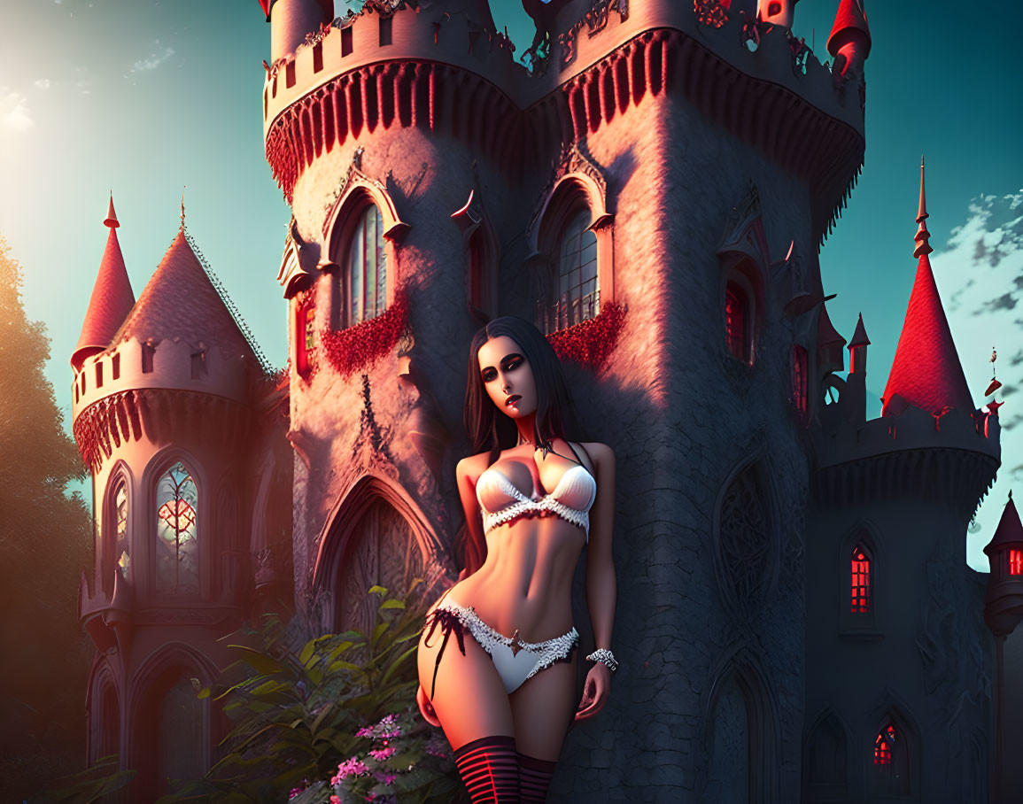 Fantasy scene: Woman in lingerie at gothic castle.