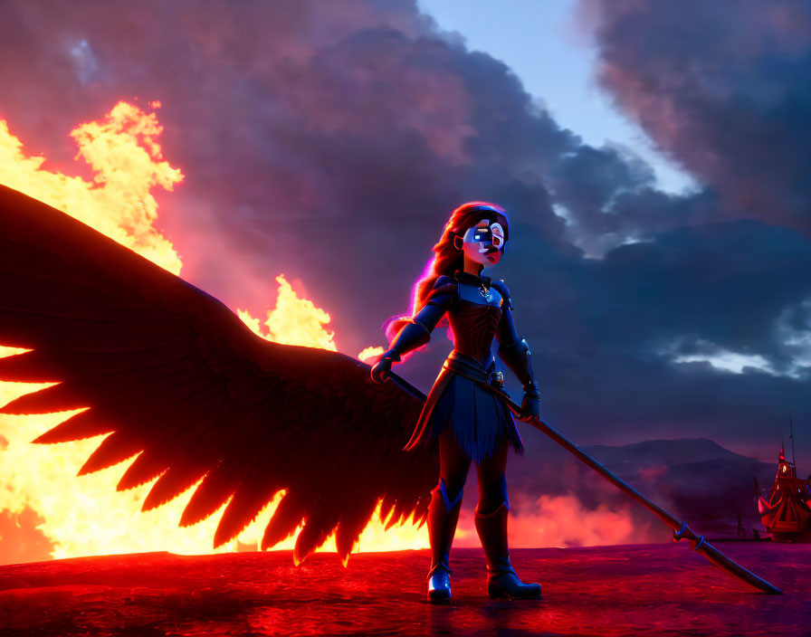 Stylized animated female warrior with wings in armor holding a spear against fiery backdrop with burning ship