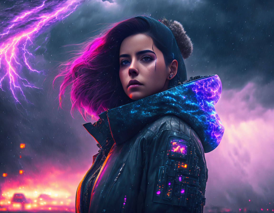 Vibrant purple-haired woman in futuristic jacket under stormy neon sky