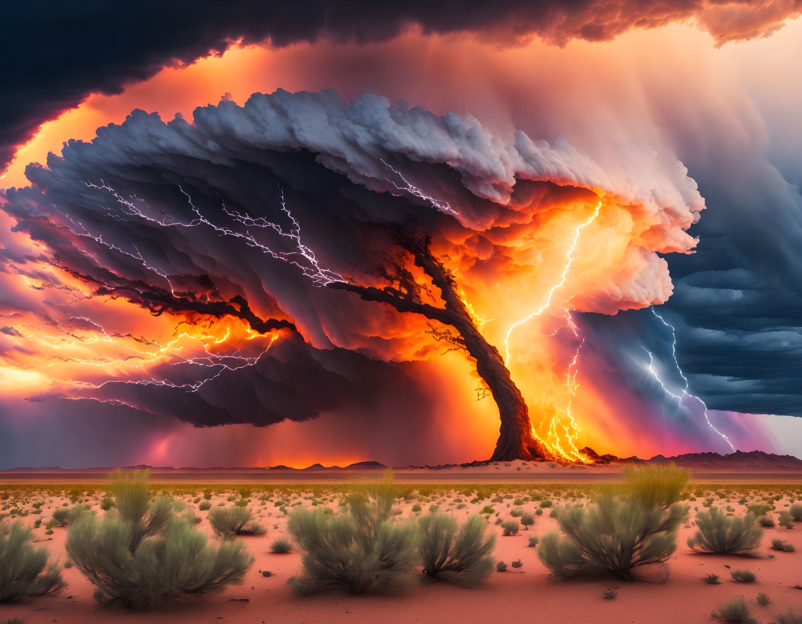 Imposing supercell thunderstorm with lightning strikes over desert landscape at sunset