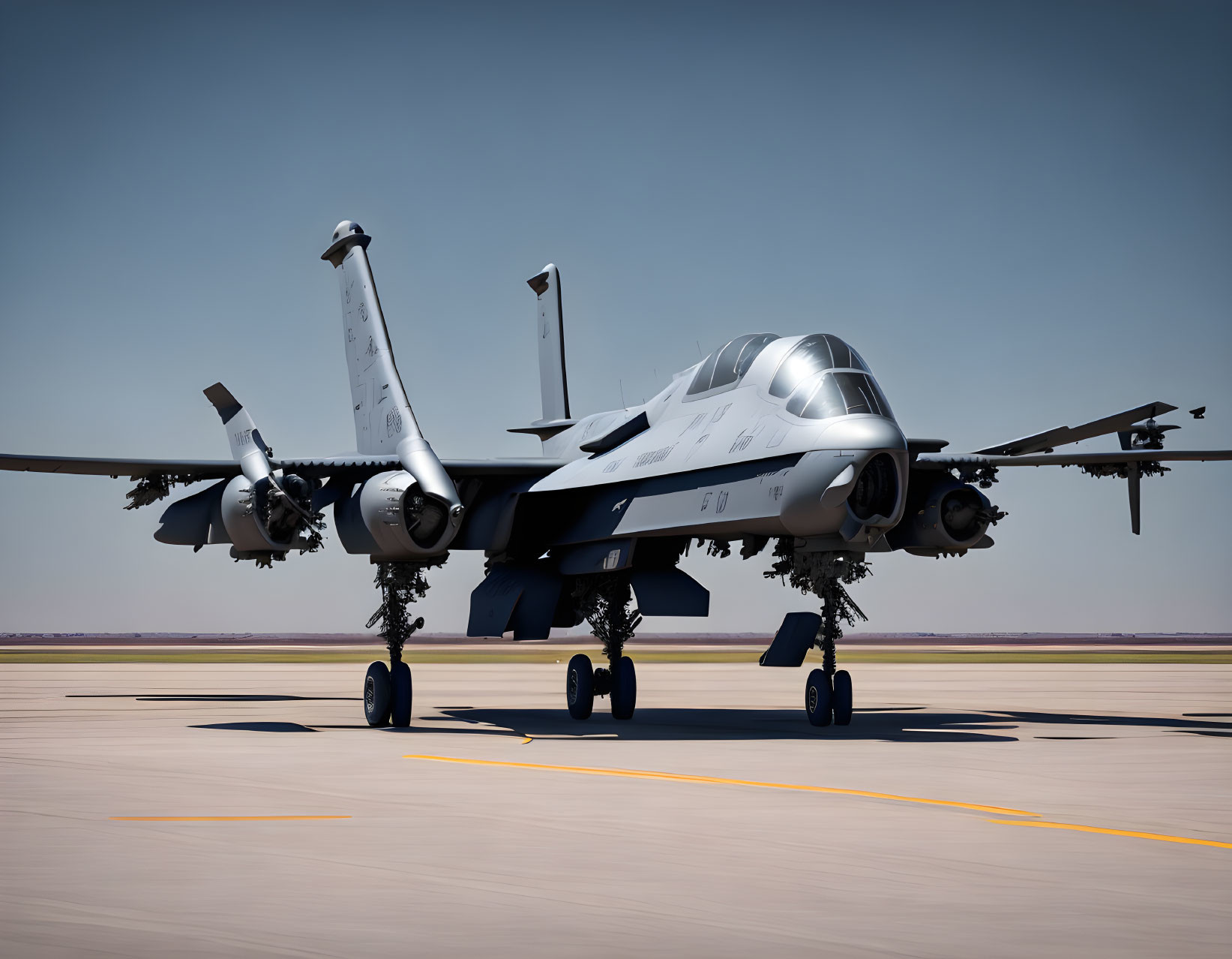 Modern Fighter Jet with Twin Tails and Weapon Hardpoints on Runway