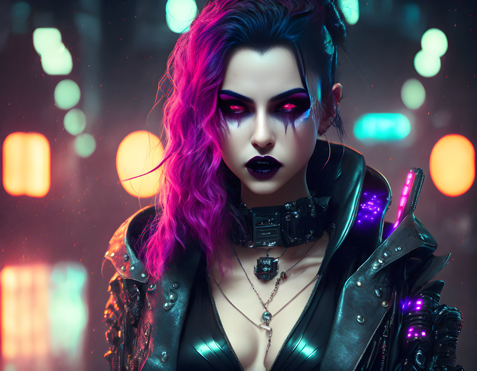 Cyberpunk woman with purple hair and glowing pink eyes in leather outfit against neon cityscape