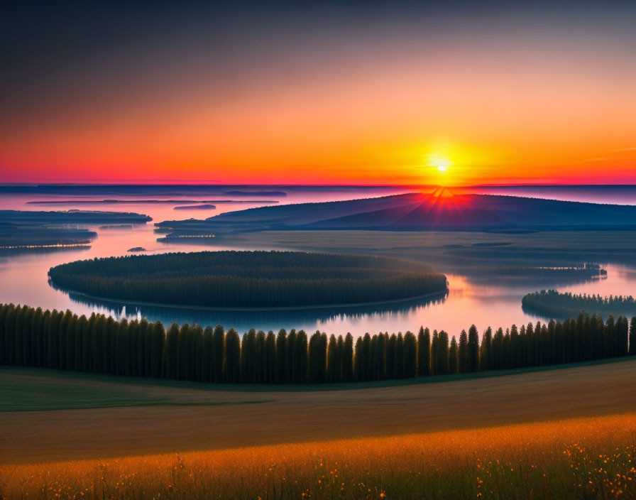 Tranquil sunrise scene over lake with islands, forests, and field