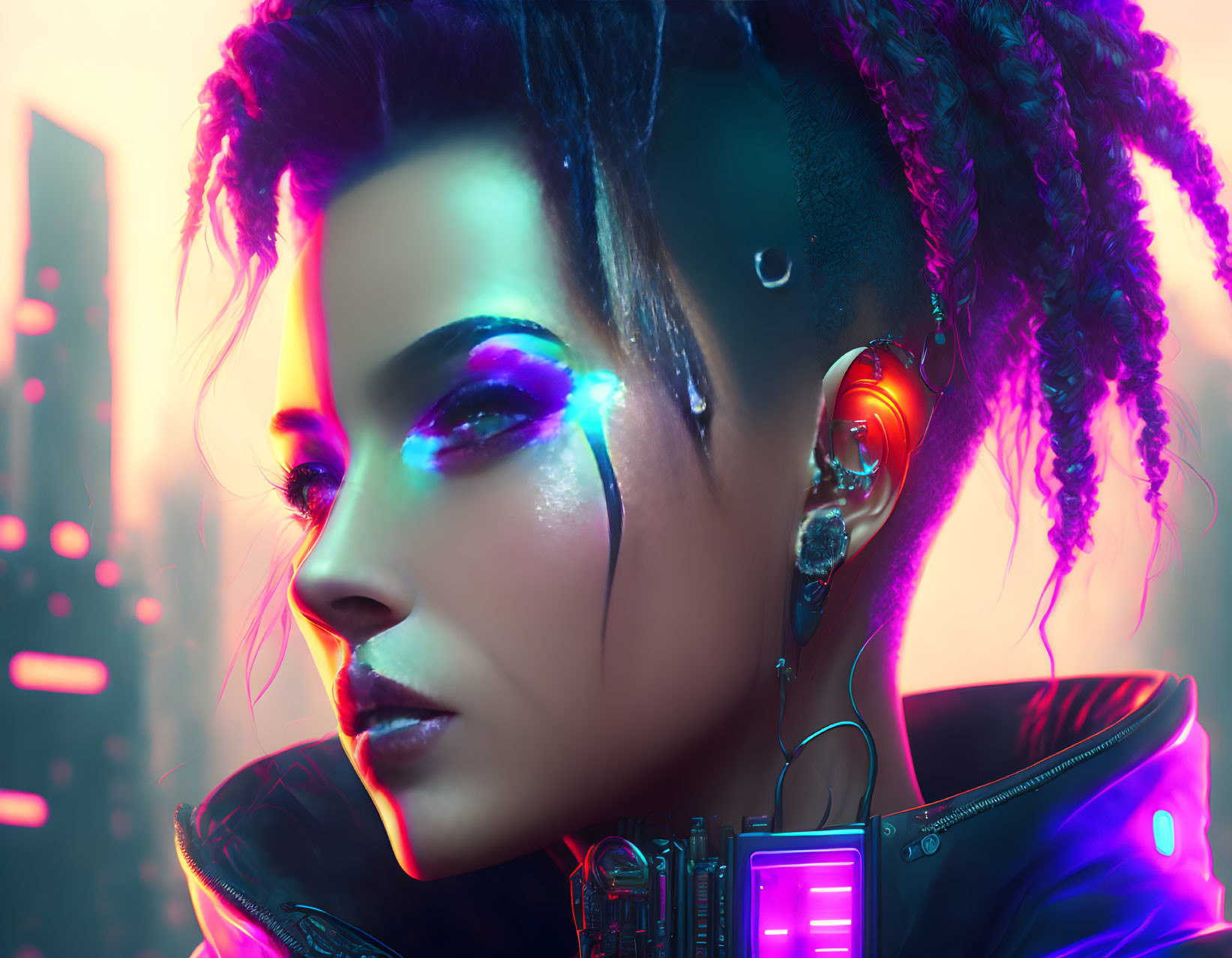 Futuristic woman with cybernetic enhancements and neon lights in cityscape.