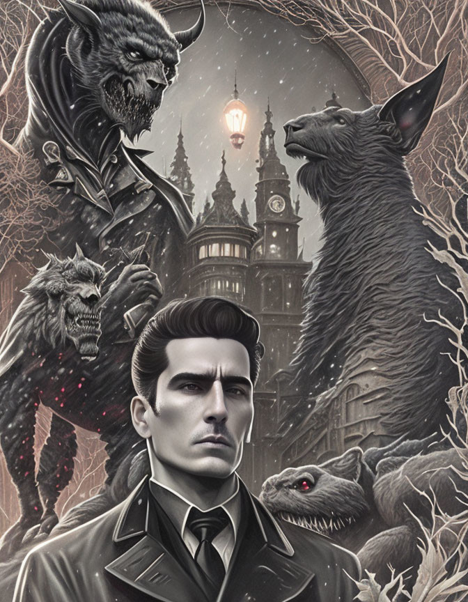 Illustrated man in coat surrounded by wolf, snake, and beastly figures in gothic setting.