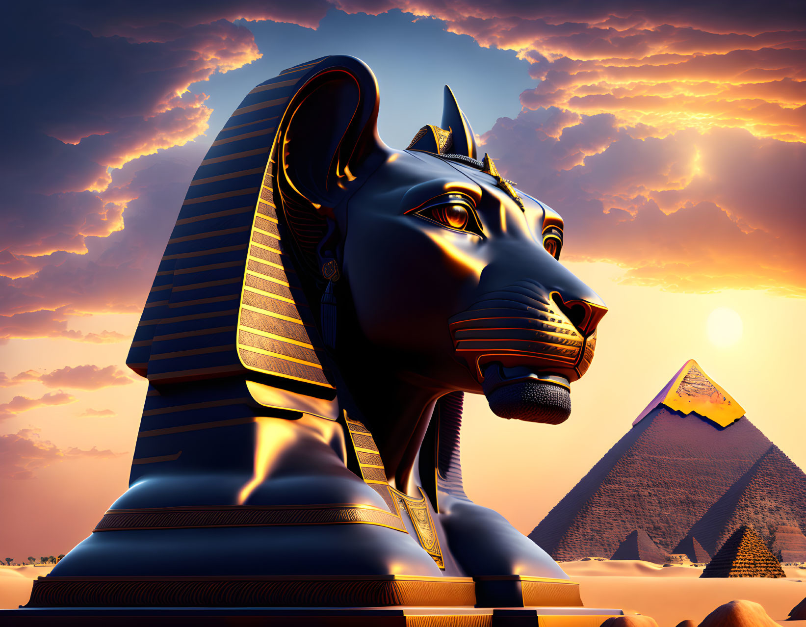 Great Sphinx and Giza Pyramids Artistic Sunset Illustration