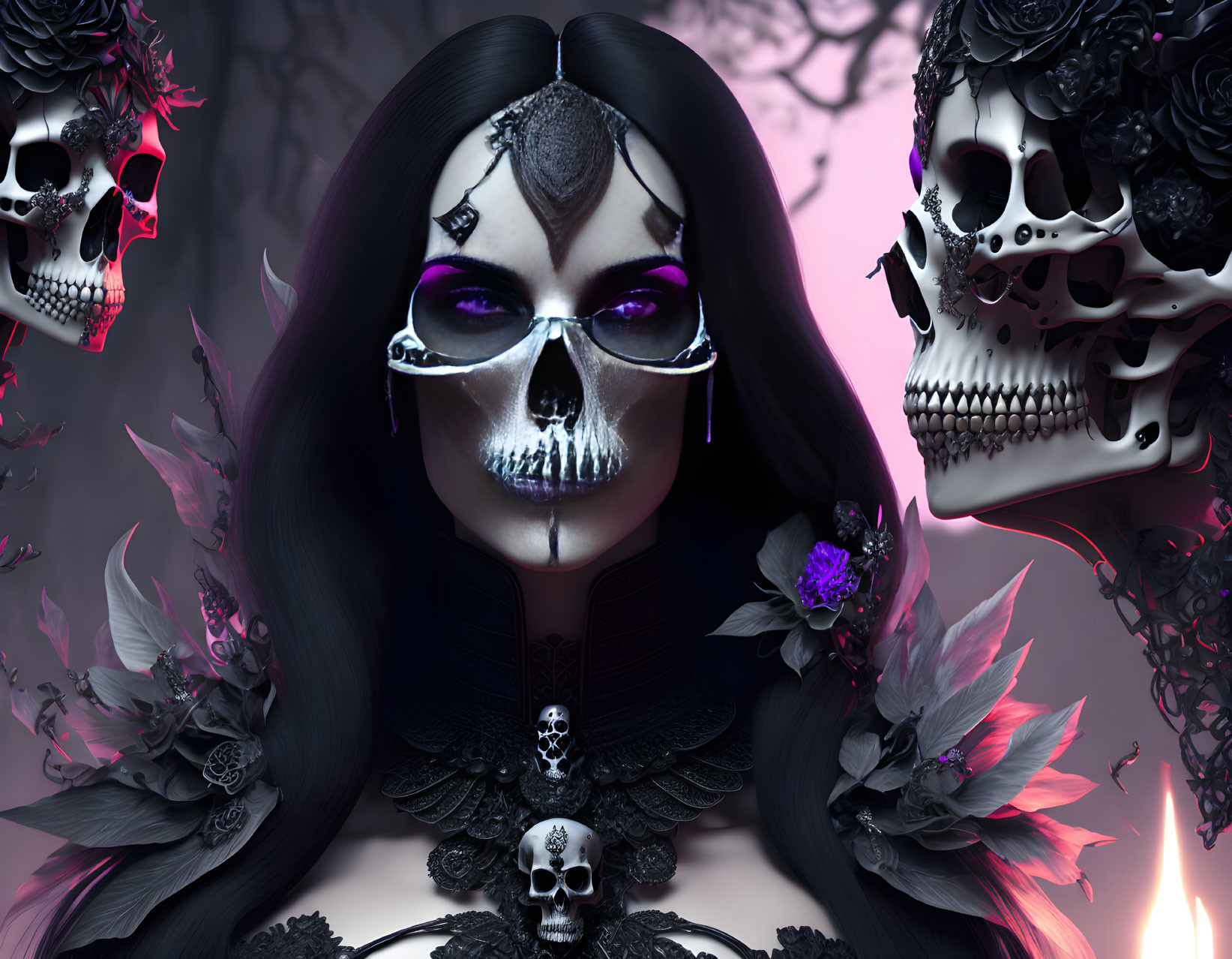 Gothic woman with skull makeup and ornate skulls on purple background