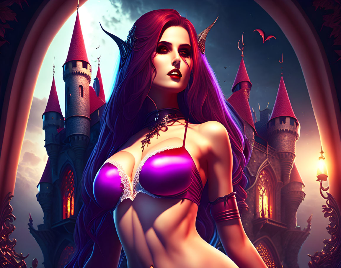 Fantasy Female Character with Horns and Purple Hair in Castle Twilight Scene