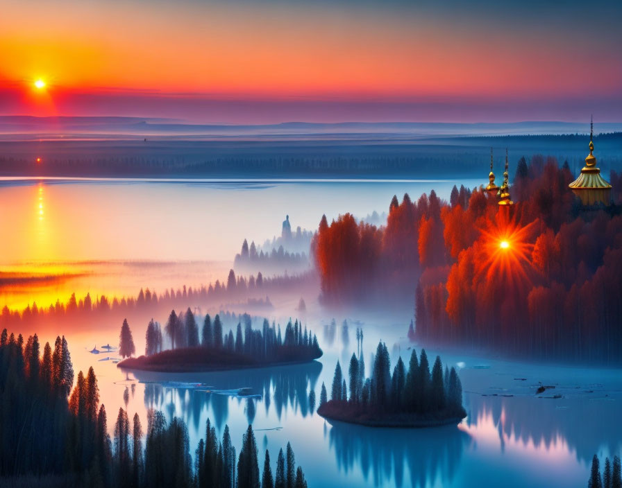 Tranquil sunrise scene over misty lake with silhouetted trees, island, and church