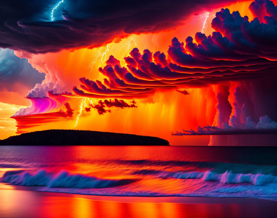 Dramatic Sunset Over Ocean with Storm Clouds and Lightning