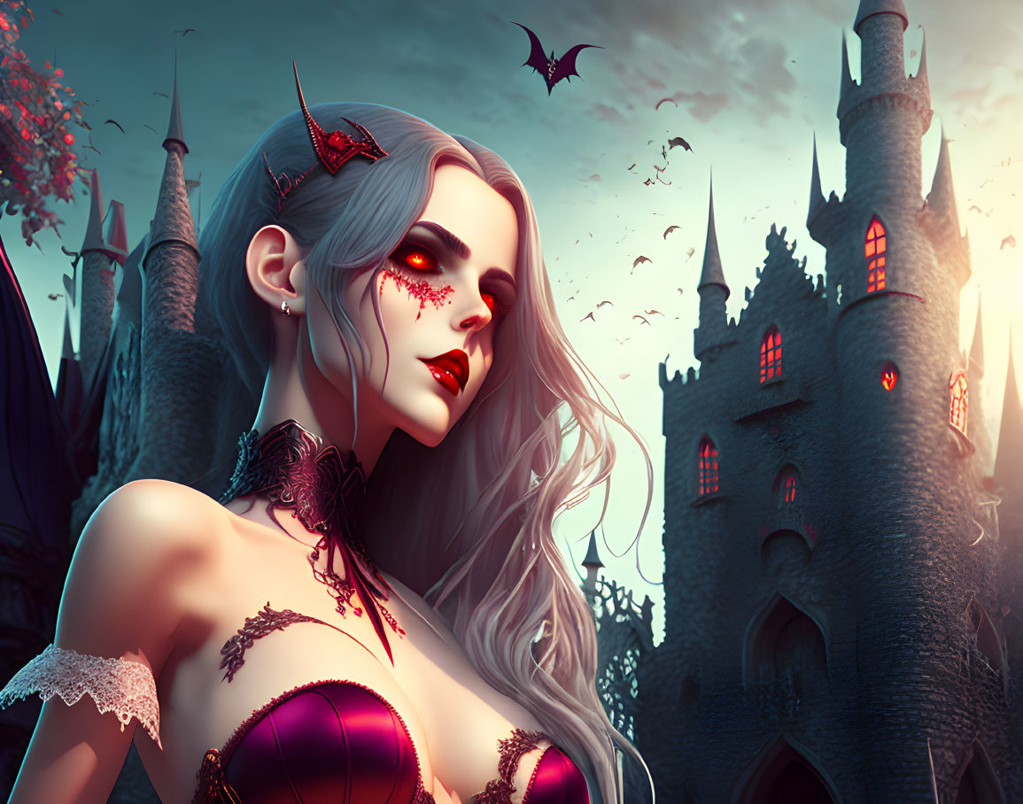 Gothic vampire woman with red eyes in front of dark castle at dusk