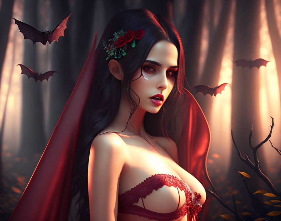 Dark-haired vampire woman in red cape and lingerie with bats in moody forest