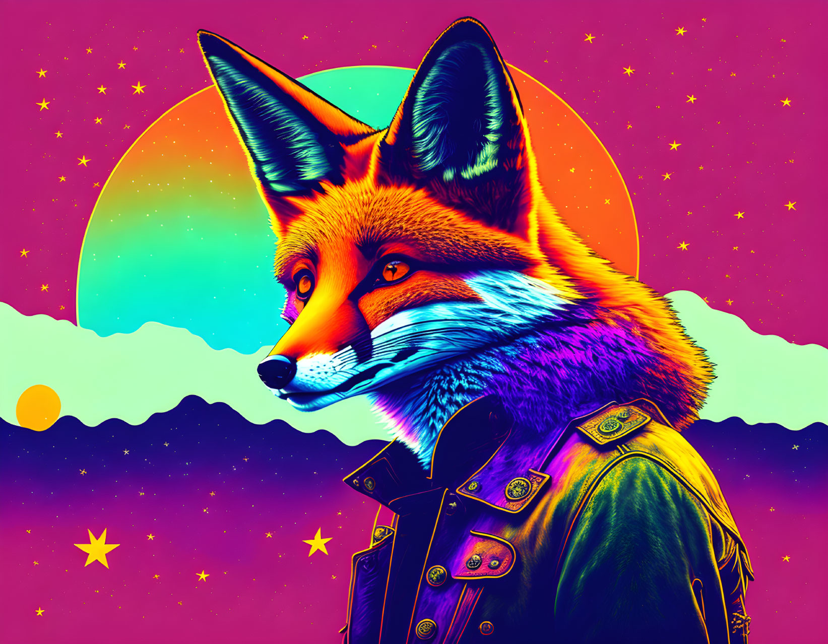 Colorful Fox in Leather Jacket Amid Psychedelic Sunset