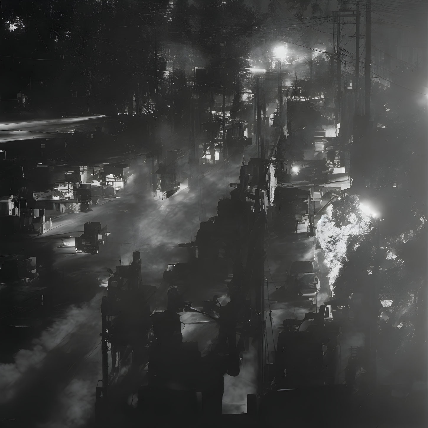 Monochrome night scene of busy urban street