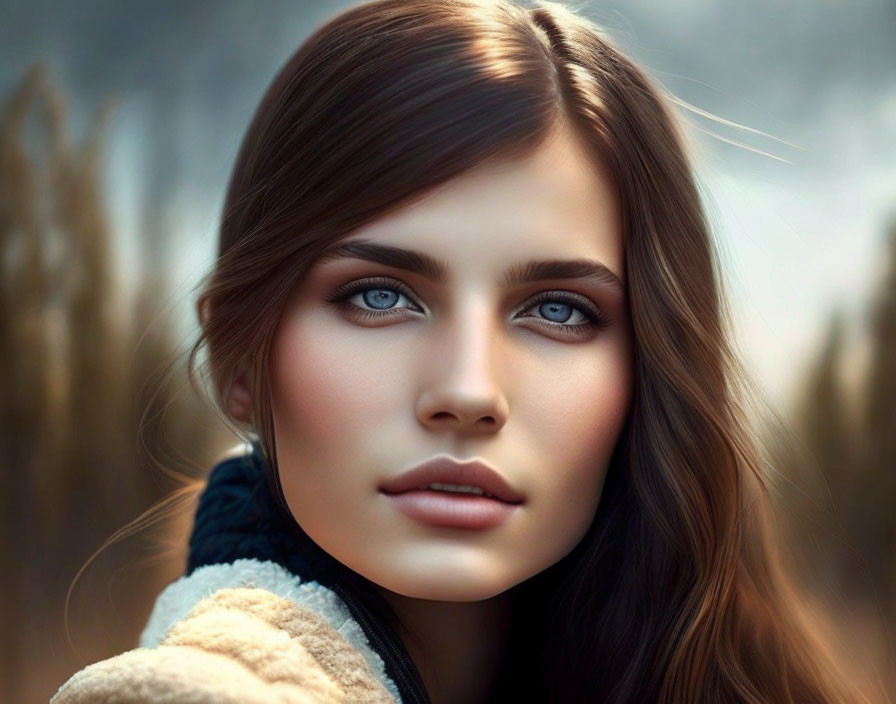 Portrait of woman with blue eyes and long brown hair on blurred natural background