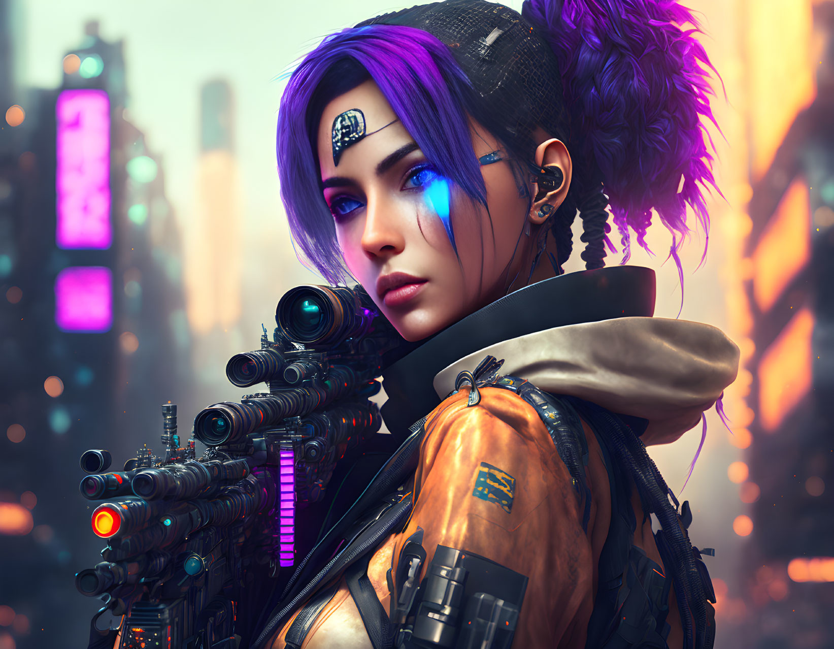 Vivid Purple Hair and Blue Eyes Woman in Futuristic Attire with Weapon in Neon Cityscape