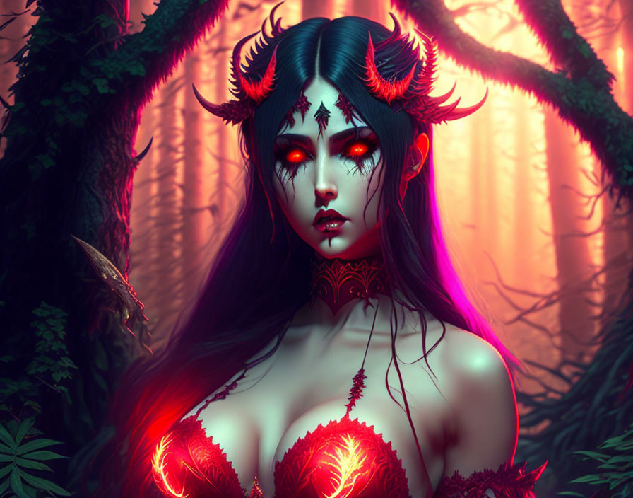 Fantastical creature with horns and tattoos in red-lit forest