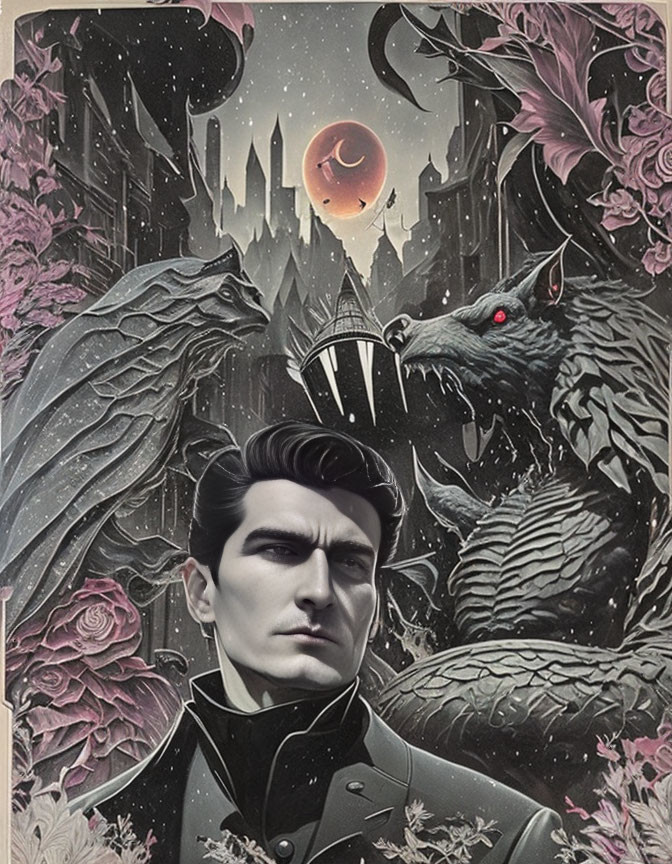 Stylized portrait of man with gothic fantasy backdrop, including dragons, castle, red moon,