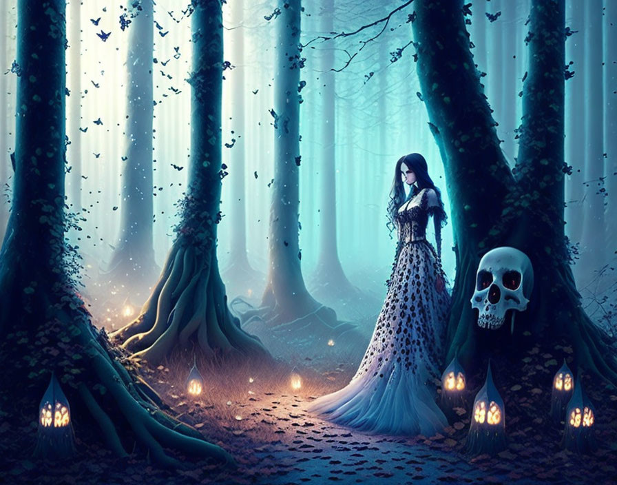 Enchanted forest with woman, lanterns, skull, butterflies