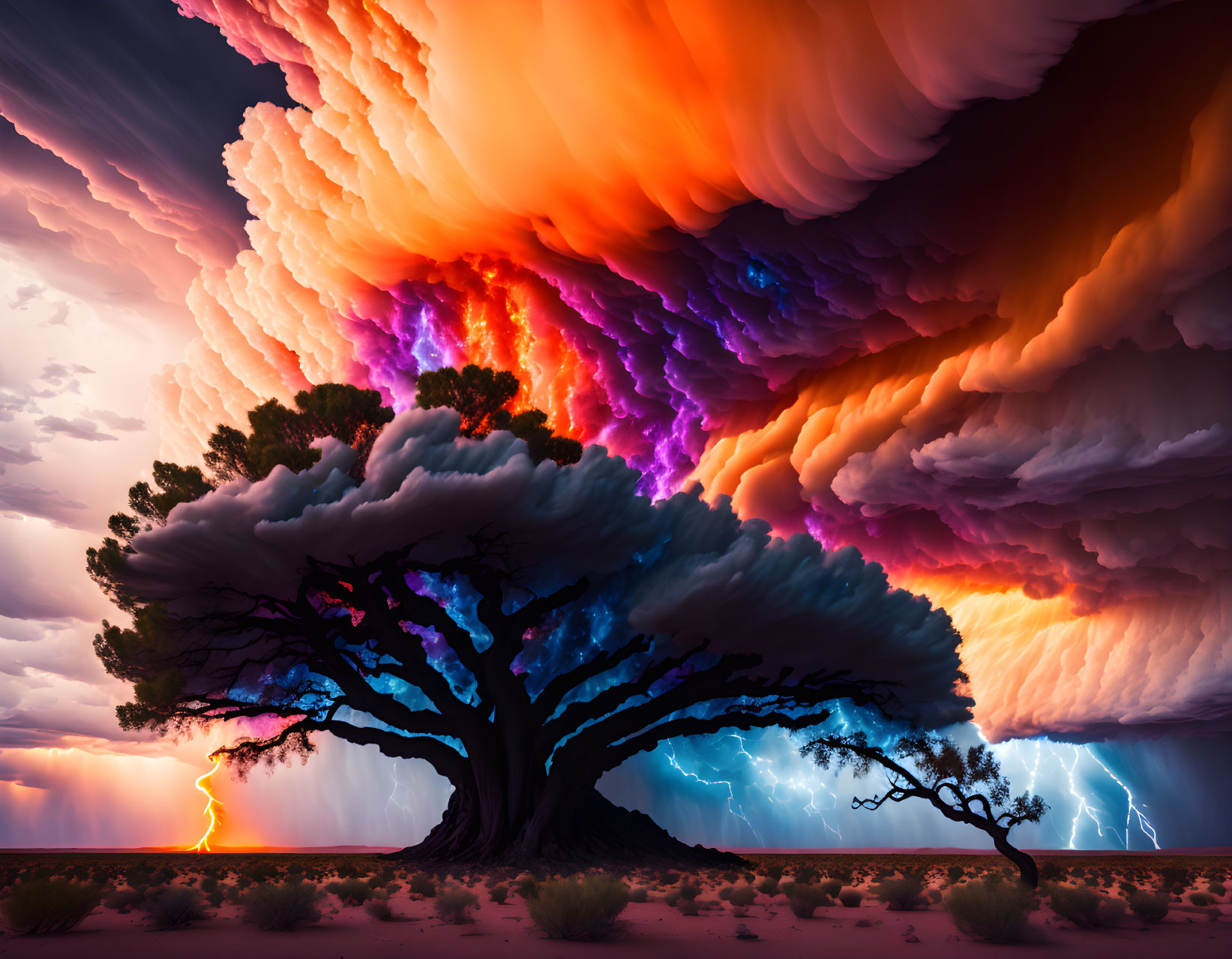 Colorful massive cloud formation over lone tree in lightning storm