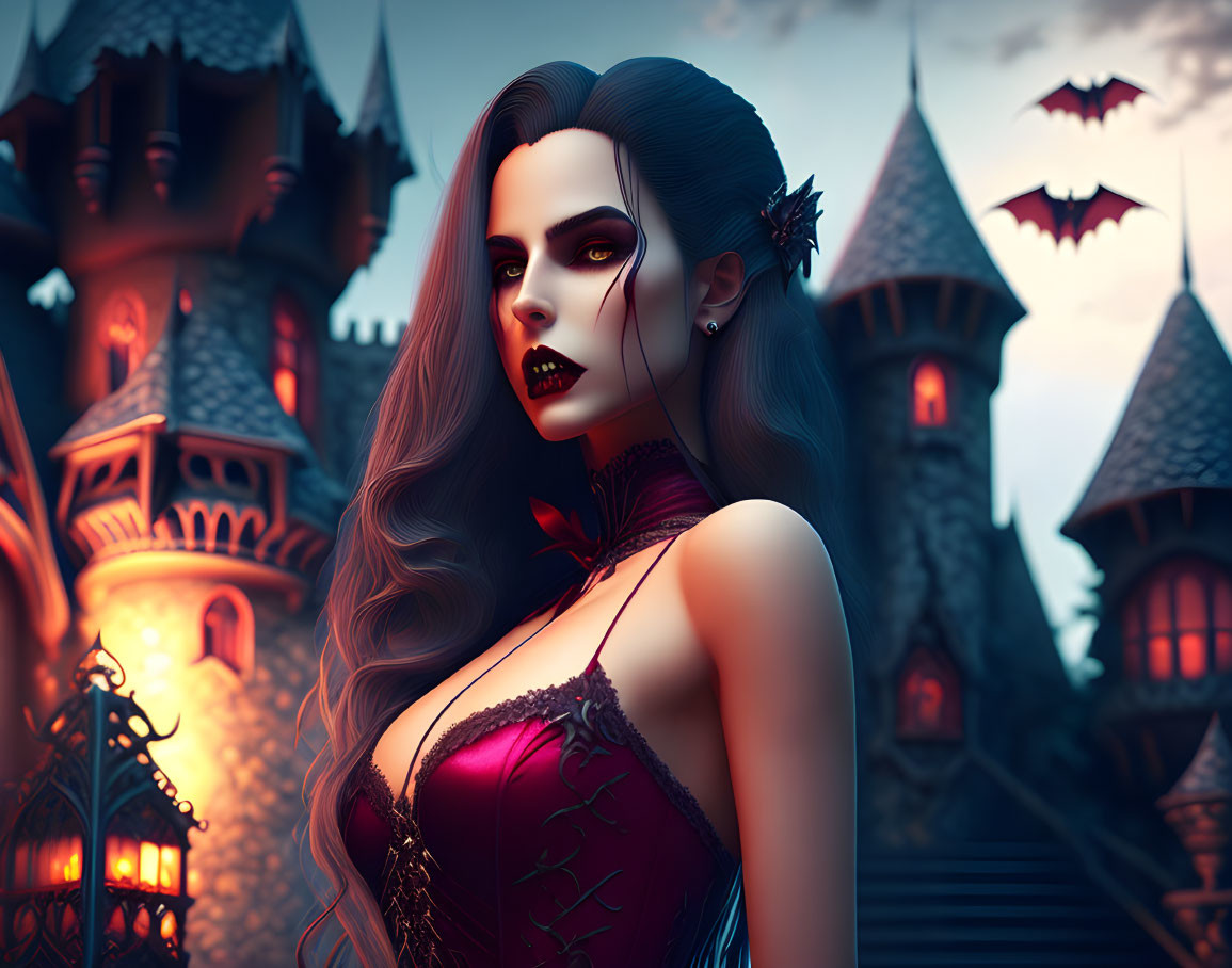 Pale-skinned female vampire in red dress at gloomy castle.