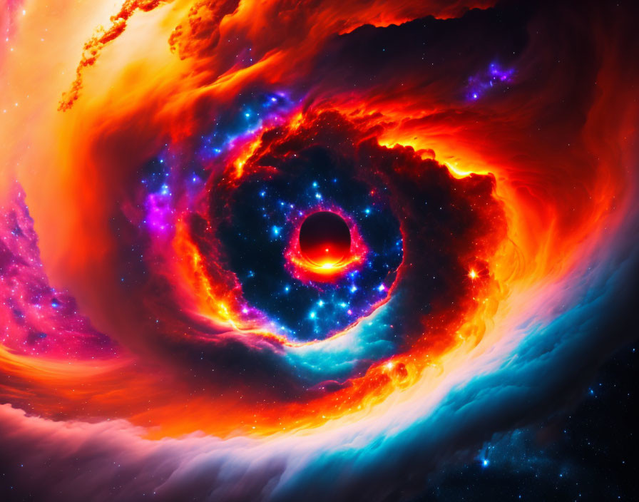 Colorful cosmic scene with black hole and swirling nebulae