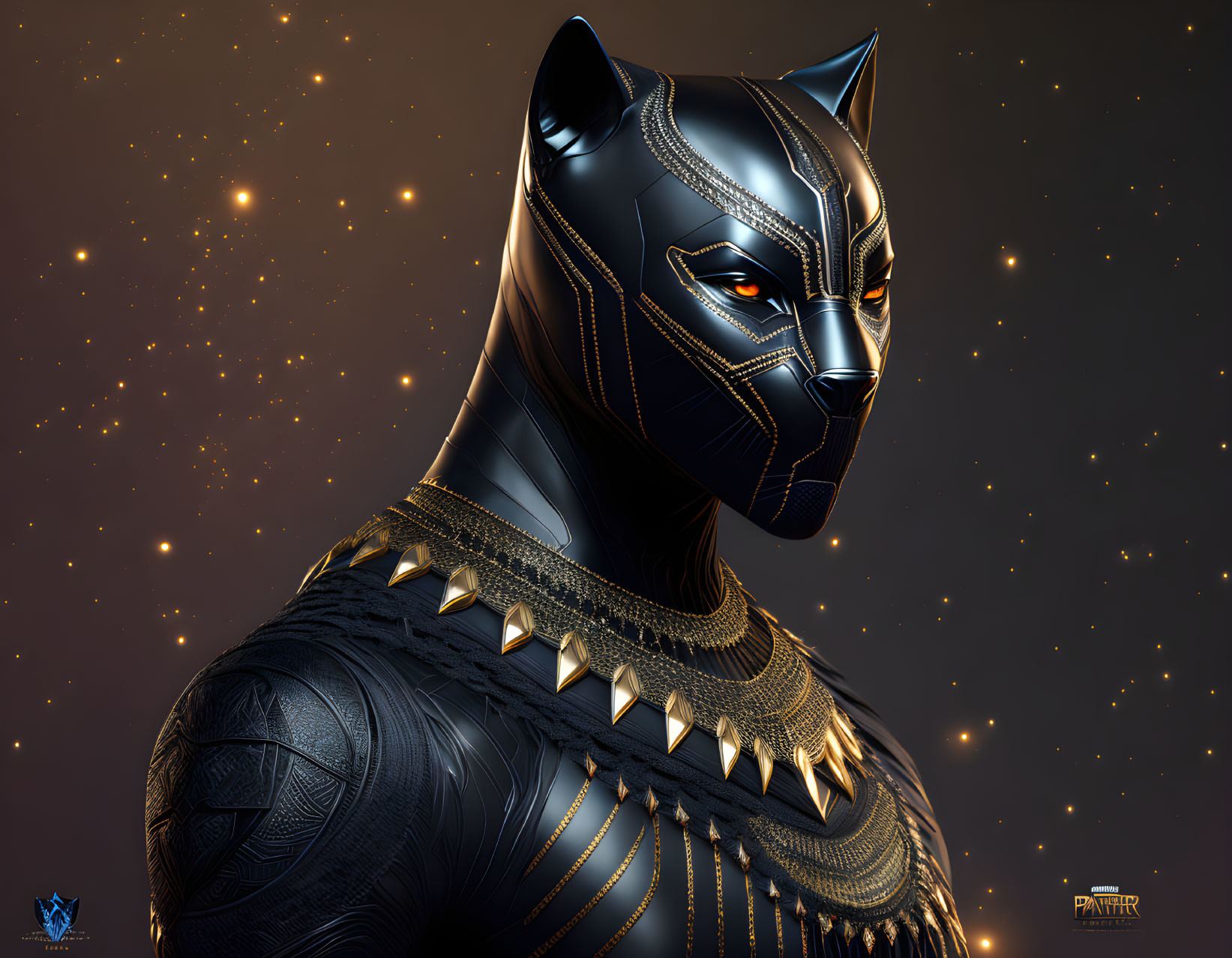 Detailed Black Panther Costume Digital Artwork on Starry Night Sky Background